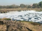 Pune, India -February 11, 2024 :Due to the polluted water, a large amount of foam has formed in the vessel in the Indrayani river in Alandi in Pune, India, on Sunday,February 11, 2024.(HT PHOTO) Pune, India -February 11, 2024 :Due to the polluted water, a large amount of foam has formed in the vessel in the Indrayani river in Alandi in Pune, India, on Sunday,February 11, 2024.(HT PHOTO)