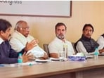 The review meeting in Delhi was chaired by Congress president Mallikarjun Kharge and Leader of the Opposition in Lok Sabha Rahul Gandhi. (HT Photo)