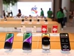 Apple iPhones are seen inside India's first Apple retail store during a media preview, a day ahead of its launch in Mumbai, India, April 17, 2023.