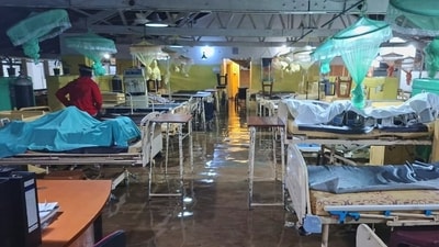 Helicopters, navy boats, and thousands of troops are being used to evacuate stranded villagers in several regions, the DMC said. Rainfall has affected Sri Lanka’s entire 65,000-square-kilometre area, with some locations recording up to 360 millimetres in the past 24 hours. A flooded hospital after heavy rains is seen in Chilaw, north of Colombo, Sri Lanka, Friday, Nov. 28, 2025. (AP) Helicopters, navy boats, and thousands of troops are being used to evacuate stranded villagers in several regions, the DMC said. Rainfall has affected Sri Lanka’s entire 65,000-square-kilometre area, with some locations recording up to 360 millimetres in the past 24 hours. A flooded hospital after heavy rains is seen in Chilaw, north of Colombo, Sri Lanka, Friday, Nov. 28, 2025. (AP)