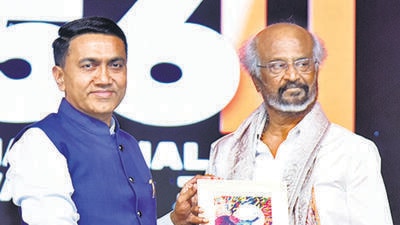 CM Pramod Sawant confers lifetime achievement award on actor Rajinikanth at Goa Film Festival on Friday. (PIB) CM Pramod Sawant confers lifetime achievement award on actor Rajinikanth at Goa Film Festival on Friday. (PIB)