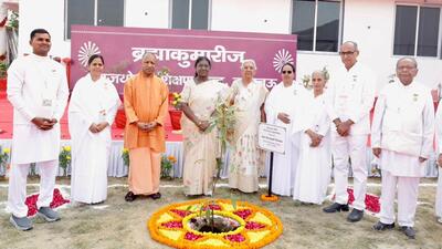 Chief minister Yogi Adityanath at a Brahma Kumaris’ event in Lucknow on Friday. President Droupadi Murmu and governor Anandiben Patel are also seen along with others. (HT Photo) Chief minister Yogi Adityanath at a Brahma Kumaris’ event in Lucknow on Friday. President Droupadi Murmu and governor Anandiben Patel are also seen along with others. (HT Photo)