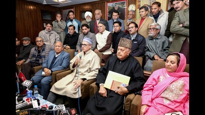 Jammu and Kashmir CM Omar Abdullah, with his father and Jammu and Kashmir National Conference president Farooq Abdullah and senior leaders speaks at a press conference, in Srinagar on Friday. (ANI Photo) (ANI) Jammu and Kashmir CM Omar Abdullah, with his father and Jammu and Kashmir National Conference president Farooq Abdullah and senior leaders speaks at a press conference, in Srinagar on Friday. (ANI Photo) (ANI)