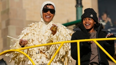 Teyana Taylor reacts as she rides down Central Park West on the Birds of a Feather Stream Together float during the Macy's Thanksgiving Day Parade, Thursday, Nov. 27, 2025, in New York. (AP Photo/Frank Franklin) Teyana Taylor reacts as she rides down Central Park West on the Birds of a Feather Stream Together float during the Macy's Thanksgiving Day Parade, Thursday, Nov. 27, 2025, in New York. (AP Photo/Frank Franklin)
