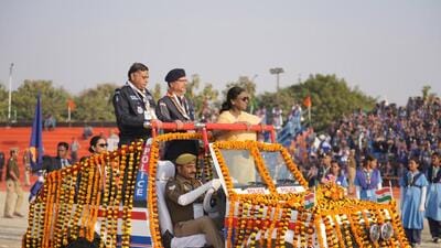 President Droupadi Murmu at the closing ceremony of the 19th National Jamboree of Bharat Scouts and Guides in Lucknow on Friday. (Deepak Gupta/HT)