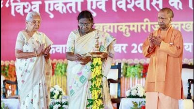 President Droupadi Murmu lighting the ceremonial lamp at a Brahma Kumaris’ event in the presence of Uttar Pradesh governor Anandiben Patel and chief minister Yogi Adityanath, in Lucknow on Friday. (ANI PHOTO) President Droupadi Murmu lighting the ceremonial lamp at a Brahma Kumaris’ event in the presence of Uttar Pradesh governor Anandiben Patel and chief minister Yogi Adityanath, in Lucknow on Friday. (ANI PHOTO)