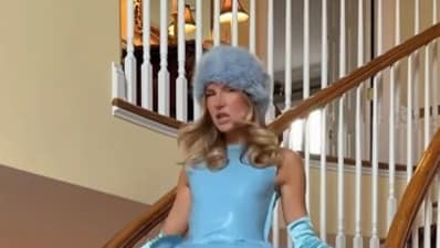 Brigette Pheloung wore an inflatable blue latex dress. (Instagram/@acquired.style) Brigette Pheloung wore an inflatable blue latex dress. (Instagram/@acquired.style)