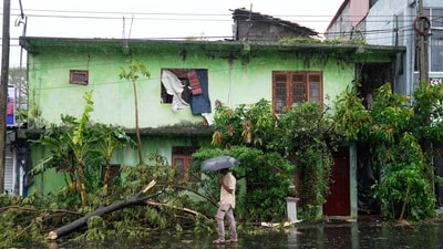 A tree is uprooted in front of a residential building partially damaged by heavy rains in Colombo, Sri Lanka, Friday, Nov. 28, 2025. (AP) A tree is uprooted in front of a residential building partially damaged by heavy rains in Colombo, Sri Lanka, Friday, Nov. 28, 2025. (AP)