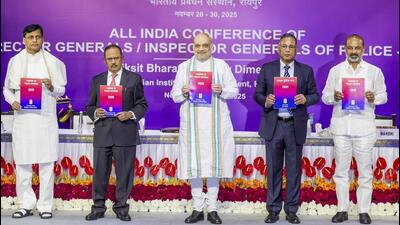 Union home minister Amit Shah with NSA Ajit Doval, ministers of state for home affairs Nityanand Rai and Bandi Sanjay Kumar, and other dignitaries during the All India Conference of Director Generals/Inspector Generals of Police 2025, in Raipur. (@AmitShah) Union home minister Amit Shah with NSA Ajit Doval, ministers of state for home affairs Nityanand Rai and Bandi Sanjay Kumar, and other dignitaries during the All India Conference of Director Generals/Inspector Generals of Police 2025, in Raipur. (@AmitShah)