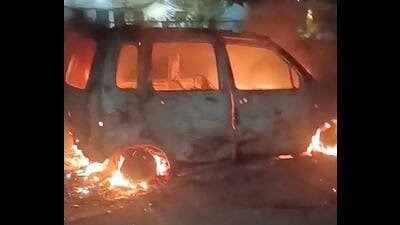 Vehicles gutted after two groups clashed in EWS Colony in Ludhiana on Friday. (Hindustan Times)