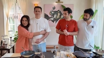 Archana Puran Singh and Parmeet Sethi with their sons Aaryamann and Ayushmaan in new vlog. Archana Puran Singh and Parmeet Sethi with their sons Aaryamann and Ayushmaan in new vlog.