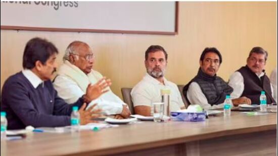 The review meeting in Delhi was chaired by Congress president Mallikarjun Kharge and Leader of the Opposition in Lok Sabha Rahul Gandhi. (HT Photo)