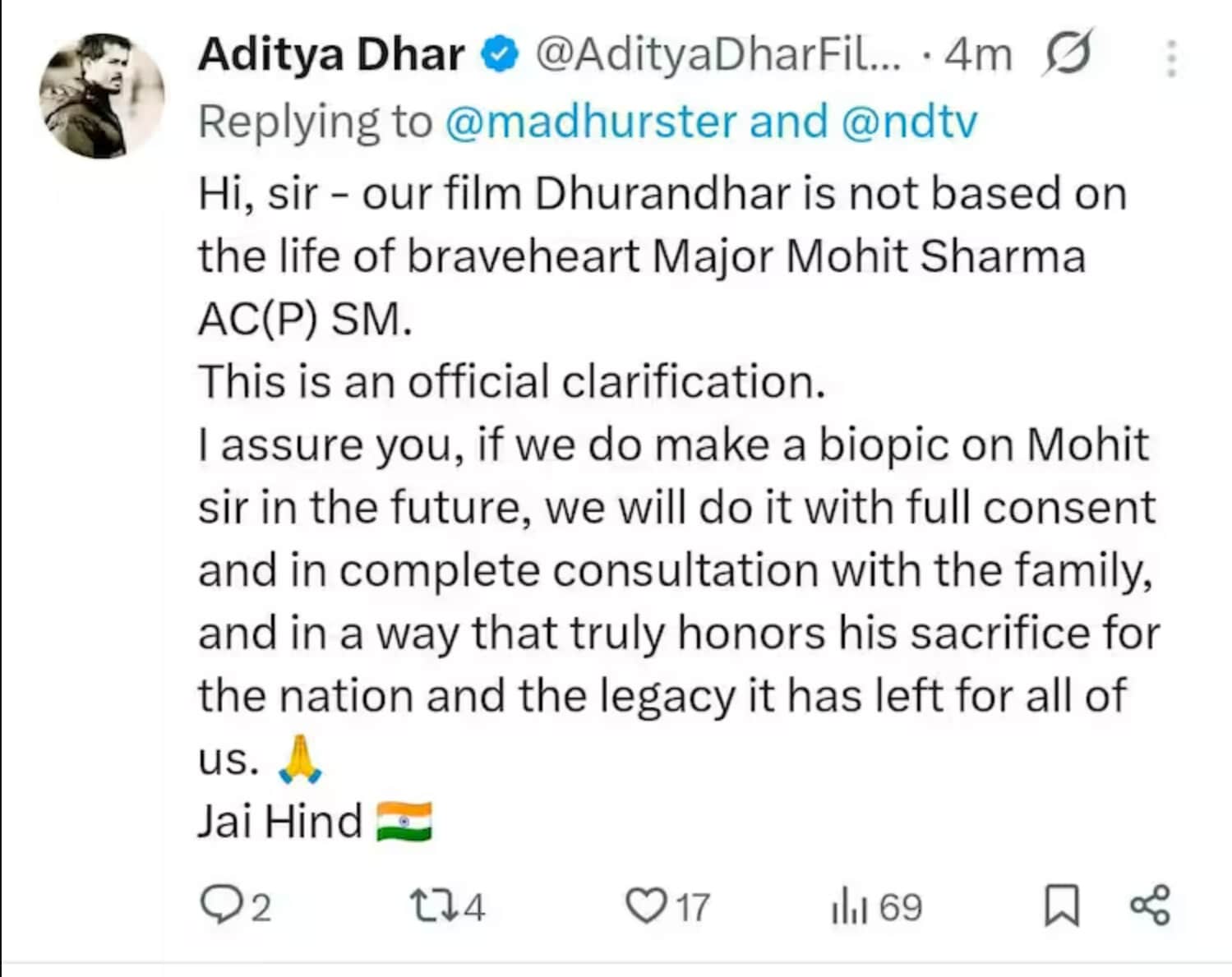 Aditya Dhar issues a clarification Aditya Dhar issues a clarification