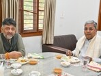 Karnataka chief minister Siddaramaiah and deputy chief minister D K Shivakumar during a breakfast meeting at the former’s residence in Bengaluru on Saturday.