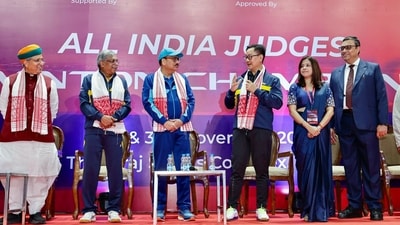 CJI Surya Kant, union ministers Kiren Rijiju and Arjun Ram Meghwal, and other judges during the All India Judges’ Badminton Championship. (X/ @KirenRijiju) CJI Surya Kant, union ministers Kiren Rijiju and Arjun Ram Meghwal, and other judges during the All India Judges’ Badminton Championship. (X/ @KirenRijiju)