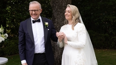 Australian Prime Minister Anthony Albanese and Jodie Haydon smile after getting married in Canberra. (AP) Australian Prime Minister Anthony Albanese and Jodie Haydon smile after getting married in Canberra. (AP)