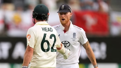 Ben Stokes shakes hands with Travis Head during the latter's century at Perth Stadium. (REUTERS)