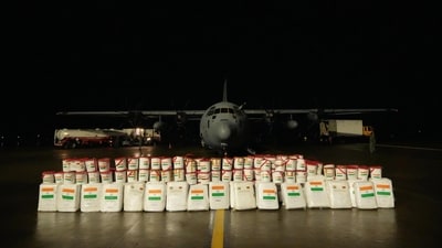An Indian Air Force plane carrying approximately 12 tonnes of humanitarian aid including tents, tarpaulins, blankets, hygiene kits, and ready-to-eat food items landed in Colombo on Saturday morning. (Photo: X/@DrSJaishankar) An Indian Air Force plane carrying approximately 12 tonnes of humanitarian aid including tents, tarpaulins, blankets, hygiene kits, and ready-to-eat food items landed in Colombo on Saturday morning. (Photo: X/@DrSJaishankar)