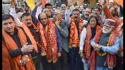 Members of Shri Mata Vaishno Devi Sangharsh Samiti raise slogans during a protest against the grant of majority seats in MBBS to Muslim students from Kashmir at the Shri Mata Vaishno Devi Institute of Medical Excellence (SMVDIME), in Jammu on Saturday. (PTI)