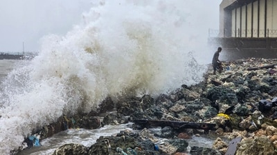 Waves crash against the seaside during rough sea conditions triggered by Cyclone Ditwah, in Ramanathapuram, Tamil Nadu. (PTI) Waves crash against the seaside during rough sea conditions triggered by Cyclone Ditwah, in Ramanathapuram, Tamil Nadu. (PTI)