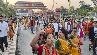Students of the Bodoland University take part in a protest against the Assam cabinet's approval of a report on granting ST status to six communities of the state, in Kokrajhar on Saturday. (PTI) Students of the Bodoland University take part in a protest against the Assam cabinet's approval of a report on granting ST status to six communities of the state, in Kokrajhar on Saturday. (PTI)