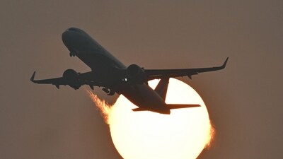 An aircraft of the Indian airline IndiGo takes off during sunset at the Kempegowda International Airport in Bengaluru. (AFP) An aircraft of the Indian airline IndiGo takes off during sunset at the Kempegowda International Airport in Bengaluru. (AFP)