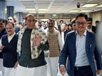 Union ministers Kiren Rijiju, Rajnath Singh and Jagat Prakash Nadda, and other MPs, arrive for the all-party meeting at the Parliament Annexe Building in New Delhi on Sunday. 