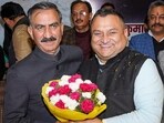 Chief minister Sukhvinder Singh Sukhu with new Himachal Congress president Vinay Kumar in Shimla on Sunday. (PTI) Chief minister Sukhvinder Singh Sukhu with new Himachal Congress president Vinay Kumar in Shimla on Sunday. (PTI)