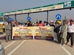 Landowners and members of farmers’ unions have been staging a protest near the Banjeri village toll plaza for the past week. (HT)