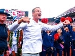 Ole Miss Rebels head coach Lane Kiffin celebrates with fans after the game against the Oklahoma Sooners 