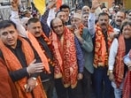 Members of Shri Mata Vaishno Devi Sangharsh Samiti raise slogans during a protest against the grant of majority seats in MBBS to Muslim students from Kashmir at the Shri Mata Vaishno Devi Institute of Medical Excellence (SMVDIME), in Jammu on Saturday. (PTI)