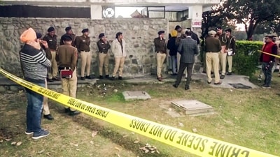 Police officials at the spot after a woman was found dead in a public toilet at Rose Garden, Sector 16, Chandigarh. (ANI Video Grab) Police officials at the spot after a woman was found dead in a public toilet at Rose Garden, Sector 16, Chandigarh. (ANI Video Grab)