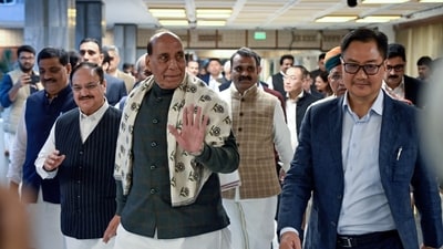 Union ministers Kiren Rijiju, Rajnath Singh and Jagat Prakash Nadda, and other MPs, arrive for the all-party meeting at the Parliament Annexe Building in New Delhi on Sunday. (Jitendra Gupta/ANI Photo) Union ministers Kiren Rijiju, Rajnath Singh and Jagat Prakash Nadda, and other MPs, arrive for the all-party meeting at the Parliament Annexe Building in New Delhi on Sunday. (Jitendra Gupta/ANI Photo)