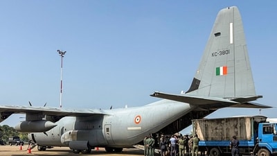 The C-130J aircraft, carrying equipment meant for a National Disaster Relief Force team, landed on Sunday. (Indian Air Force) The C-130J aircraft, carrying equipment meant for a National Disaster Relief Force team, landed on Sunday. (Indian Air Force)