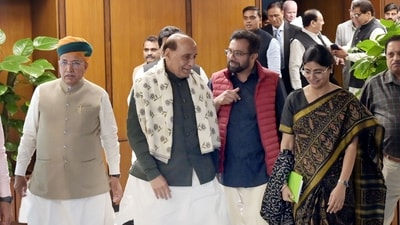 Union ministers Rajnath Singh and Arjun Ram Meghwal with other MPs ahead of the all-party meeting on the eve of Parliament's winter session in New Delhi on Sunday, November 30, 2025. (HT Photo) Union ministers Rajnath Singh and Arjun Ram Meghwal with other MPs ahead of the all-party meeting on the eve of Parliament's winter session in New Delhi on Sunday, November 30, 2025. (HT Photo)