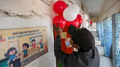 New Delhi, India - Nov. 29, 2025: Workers seen decorating a modern booth as a part of preparations, a day before MCD bypoll elections at Angoori Bagh in New Delhi, India, on Saturday, November 29, 2025. (Photo by Sanchit Khanna/ Hindustan Times) (Hindustan Times) New Delhi, India - Nov. 29, 2025: Workers seen decorating a modern booth as a part of preparations, a day before MCD bypoll elections at Angoori Bagh in New Delhi, India, on Saturday, November 29, 2025. (Photo by Sanchit Khanna/ Hindustan Times) (Hindustan Times)