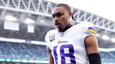 Justin Jefferson #18 of the Minnesota Vikings looks on prior to a game against the Seattle Seahawks at Lumen Field on November 30, 2025 in Seattle, Washington. (Getty Images via AFP) Justin Jefferson #18 of the Minnesota Vikings looks on prior to a game against the Seattle Seahawks at Lumen Field on November 30, 2025 in Seattle, Washington. (Getty Images via AFP)