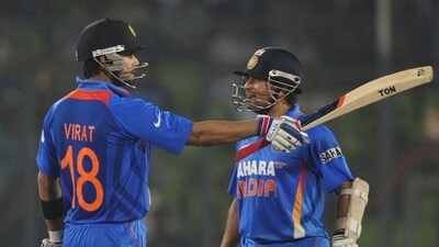 Virat Kohli and Sachin Tendulkar batting together. (HT) Virat Kohli and Sachin Tendulkar batting together. (HT)