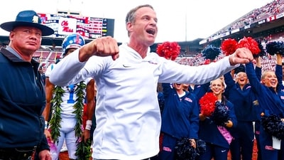 Ole Miss Rebels head coach Lane Kiffin celebrates with fans after the game against the Oklahoma Sooners (IMAGN IMAGES via Reuters Connect)