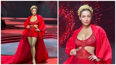 Malaika Arora wore a crimson dress as she walked the ramp at a fashion show in Mumbai. (Instagram/ _.dubey_vivek and ab_entertainment_media) Malaika Arora wore a crimson dress as she walked the ramp at a fashion show in Mumbai. (Instagram/ _.dubey_vivek and ab_entertainment_media)