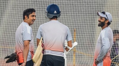 Gautam Gambhir with Yashasvi Jaiswal and Ravindra Jadeja during a training session ahead of the first ODI. (PTI) Gautam Gambhir with Yashasvi Jaiswal and Ravindra Jadeja during a training session ahead of the first ODI. (PTI)