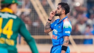 Virat Kohli celebrates his century during the first ODI cricket match of a series between India and South Africa. (PTI)