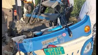 The mangled tempo after the accident in Moradabad on Sunday. (Sourced)