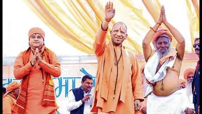 Uttar Pradesh chief minister Yogi Adityanath at a religious event in Jhajjar, Haryana, on Sunday. (SOURCED)