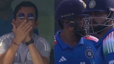 Virat Kohli staring at the dressing room after Rohit's fifty. (HT) Virat Kohli staring at the dressing room after Rohit's fifty. (HT)