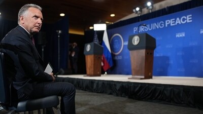 Witkoff waits for the start of a press conference between Trump and Putin at Joint Base Elmendorf-Richardson in Anchorage, Alaska. Witkoff waits for the start of a press conference between Trump and Putin at Joint Base Elmendorf-Richardson in Anchorage, Alaska.