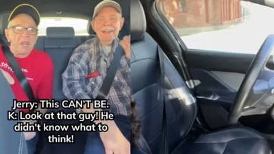 A viral clip showed two elderly men enjoying their first self driving car ride. (Instagram/patriotickenny) A viral clip showed two elderly men enjoying their first self driving car ride. (Instagram/patriotickenny)