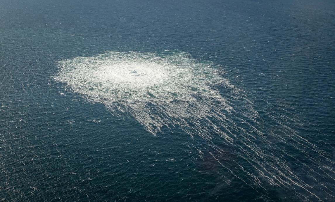 Gas bubbles from the sabotaged Nord Stream 2 pipeline near Bornholm, Denmark, in 2022. Gas bubbles from the sabotaged Nord Stream 2 pipeline near Bornholm, Denmark, in 2022.
