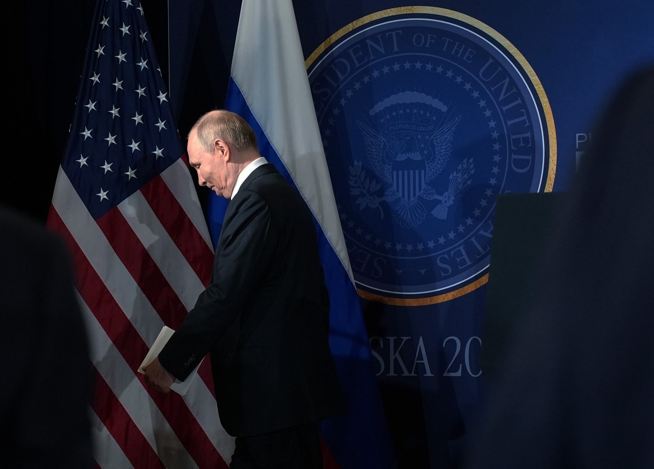 Russian President Vladimir Putin leaves the podium during an ill-fated summit with President Trump in Alaska. Russian President Vladimir Putin leaves the podium during an ill-fated summit with President Trump in Alaska.