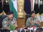 (From left) BSF DIG SS Chandel and IG Atul Fulzele during a press conference at Attari-Wagah check post in Amritsar on Sunday. (Sameer Sehgal/HT) (From left) BSF DIG SS Chandel and IG Atul Fulzele during a press conference at Attari-Wagah check post in Amritsar on Sunday. (Sameer Sehgal/HT)